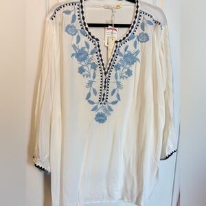 C&C California White Tunic with Blue Floral Embroidery